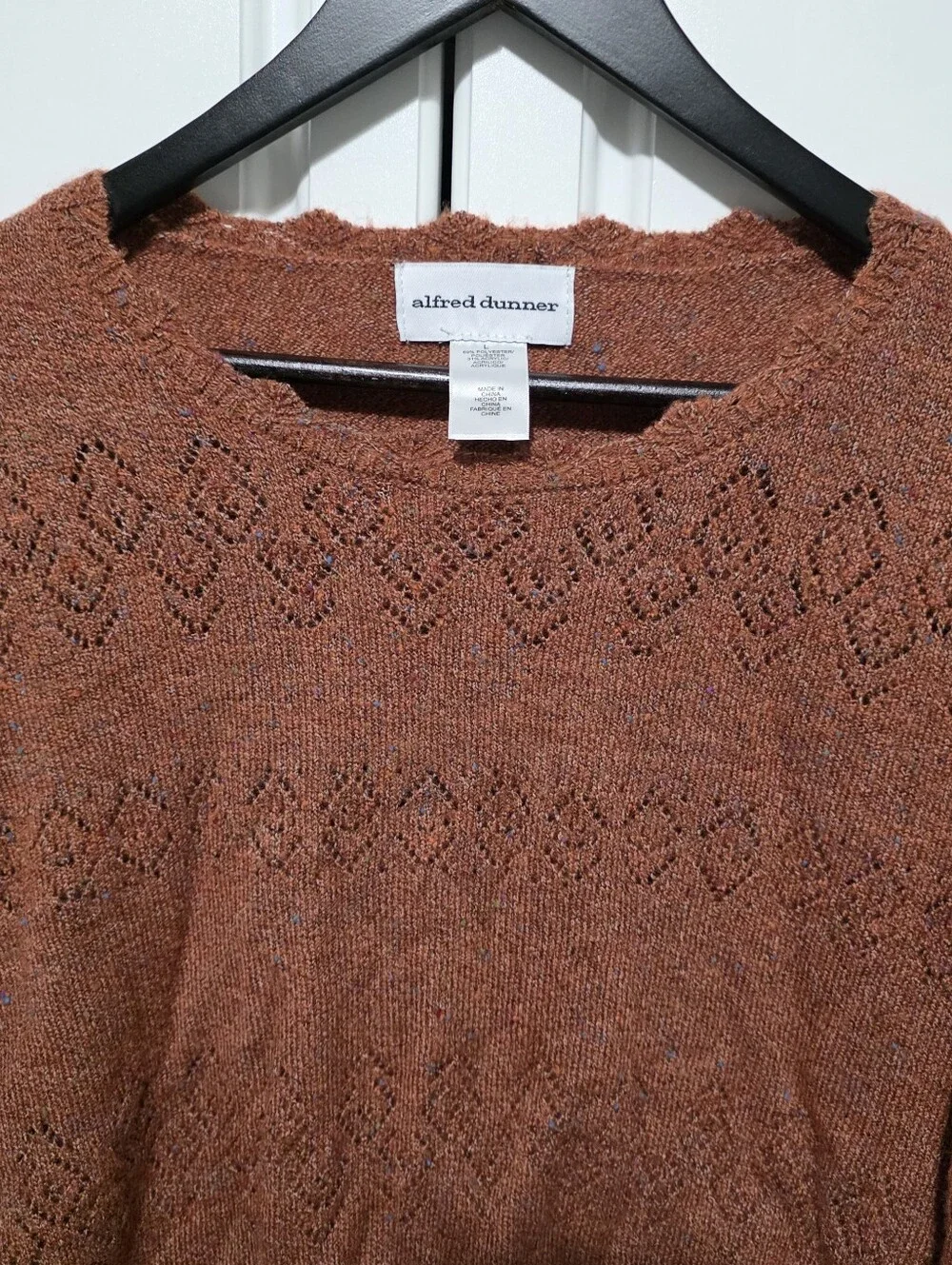 Alfred Dunner Womens Rust Brown Geometric Eyelet Knit Scallop Crewneck Sweater